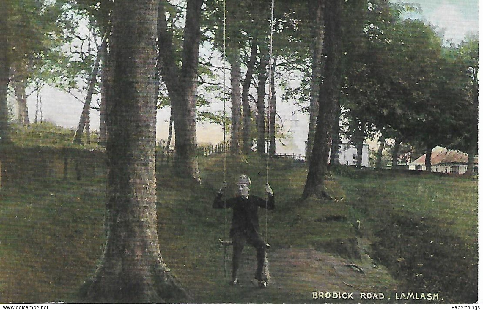 Old Colour Postcard, Scotland, Isle Of Arran, Firth Of Clyde, Brodick Road, Lamlash. Landscape, Boy On A Swing. - Bute