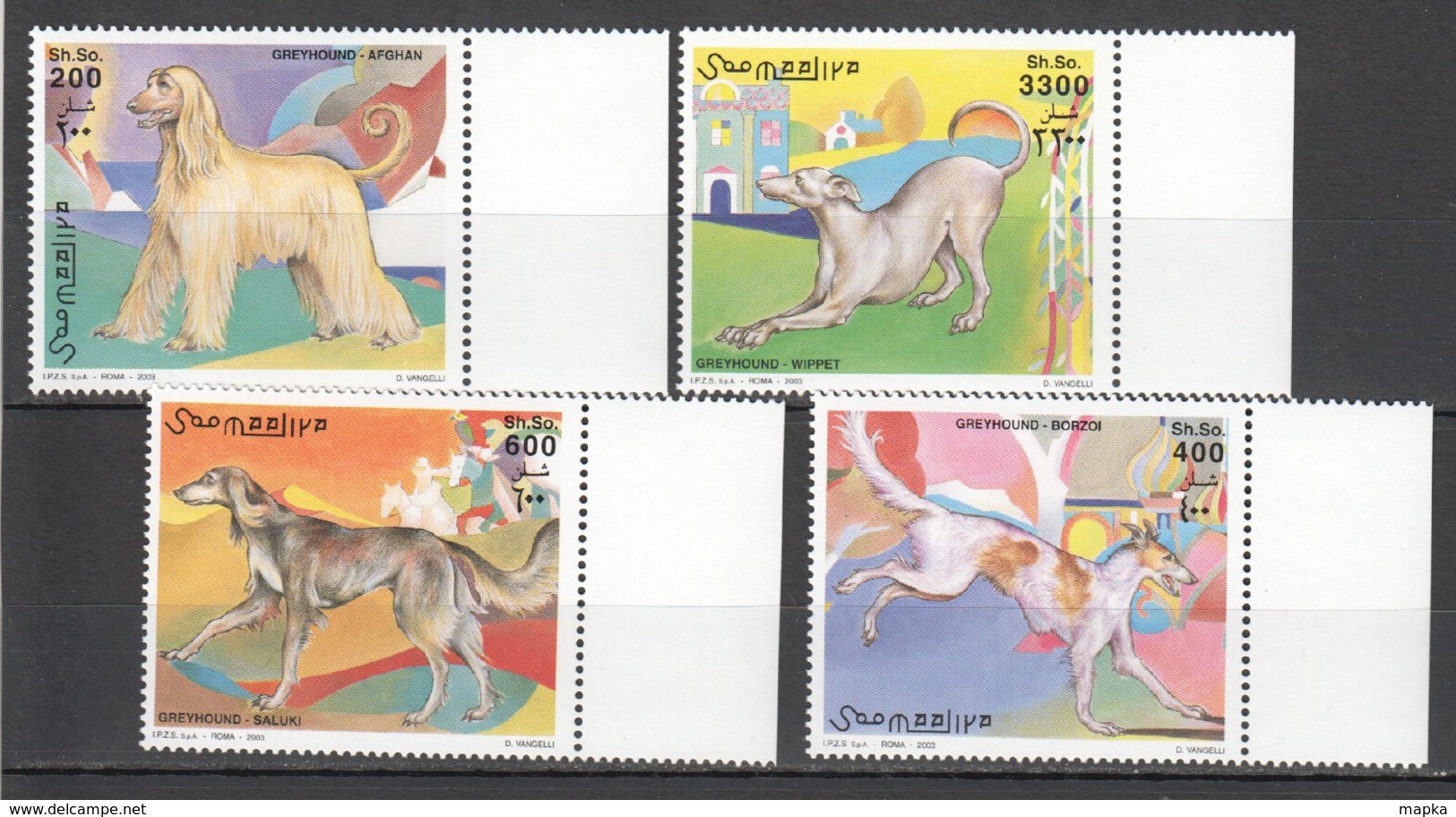 N1005 2003 SOOMAALIYA ANIMALS GREYHOUND DOGS 1SET MNH - Chiens