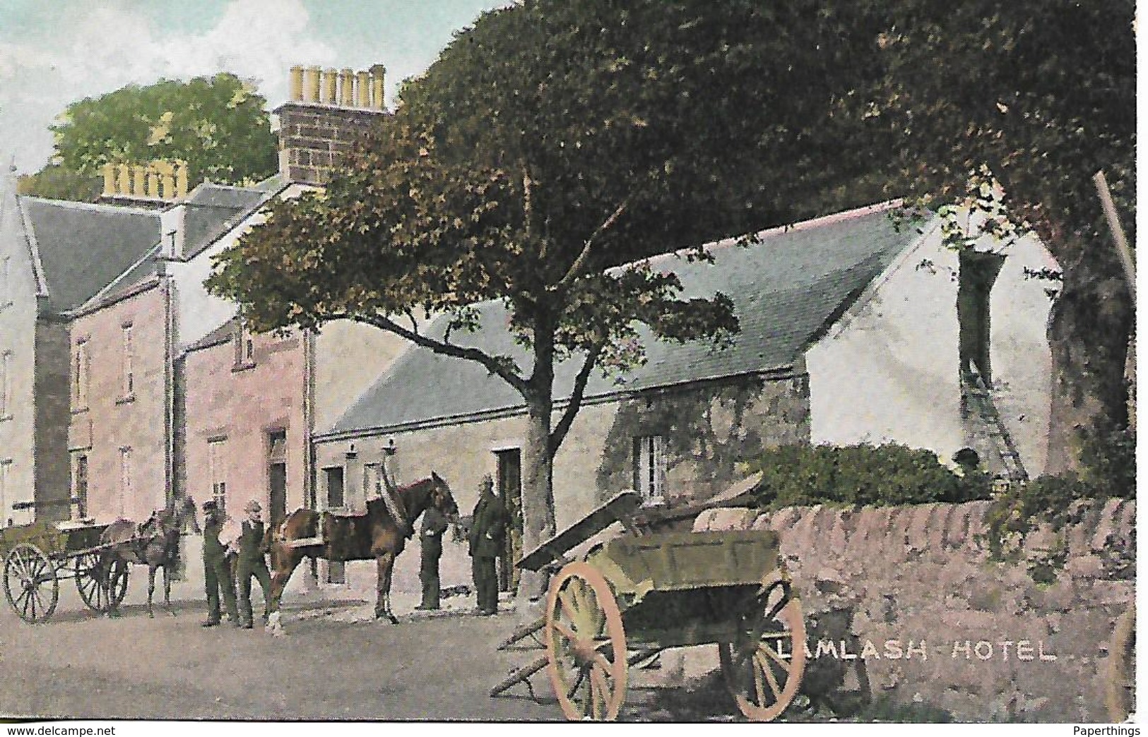 Old Colour Postcard, Scotland, Isle Of Arran, Firth Of Clyde, Lamlash Hotel, Horse And Cart, Street, Houses, People. - Bute