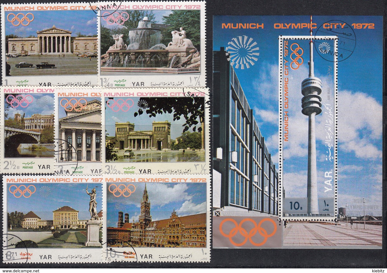 1972 MÜNCHEN - Nordjemen  - MiNr: 1232-1238 Komolett + Block 145  Used - Sommer 1972: München