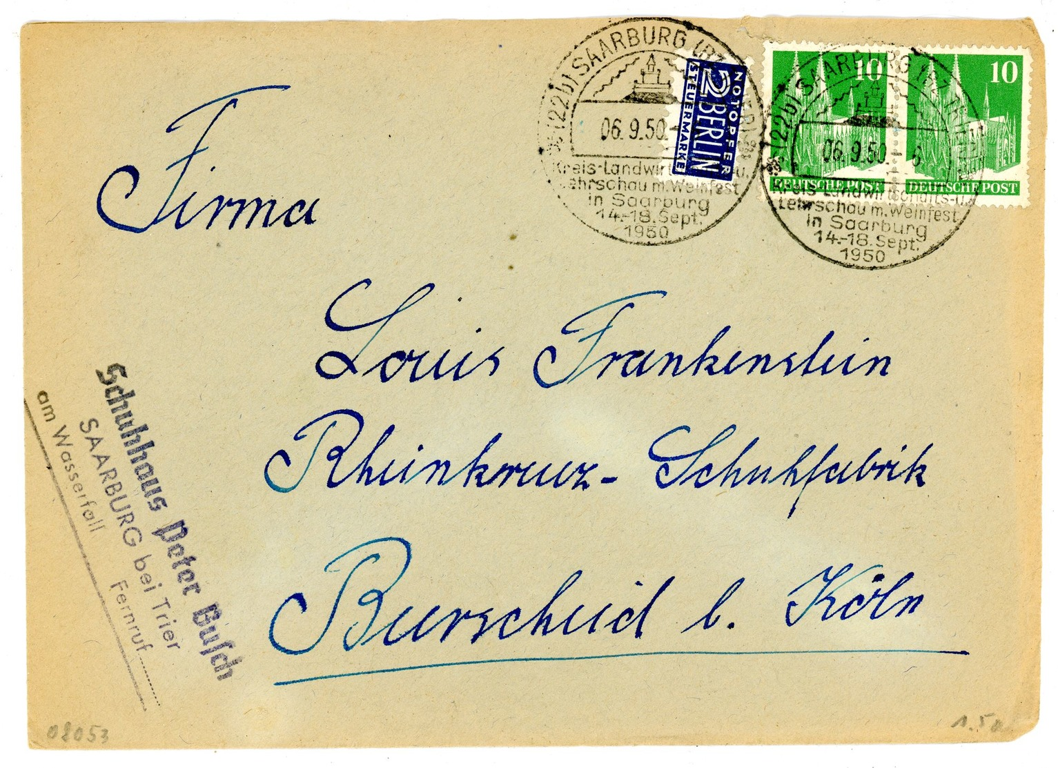 "SAARBURG - Landwirtschaftsschau" Sonderstempel 1950 Fernbrief Mit Paar Nr. 90 - Sonstige & Ohne Zuordnung