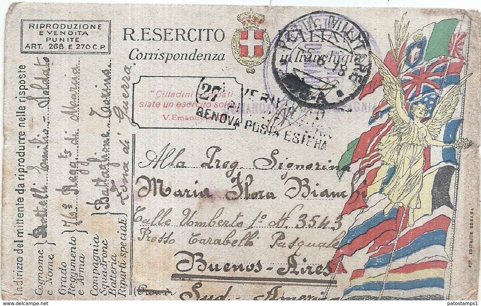 112429 ITALY MILITARY SOLDIER REGIMENT 73º HERALDRY AND FLAG CIRCULATED TO ARGENTINA POSTAL POSTCARD - Autres & Non Classés