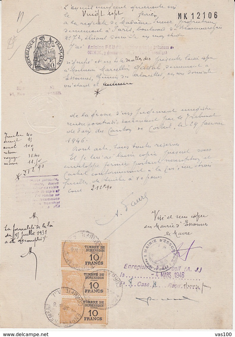 REVENUE STAMP, SMALL MEDAILLON, EMBOISED ROUND STAMP, NOTARIAL DOCUMENT, WATERMARKED PAPER, 1946, FRANCE - Other & Unclassified