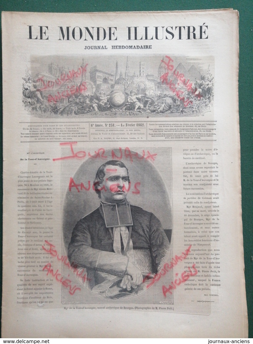 1862 Mgr De La TOUR D'AUVERGNE NOUVEL ARCHEVÊQUE DE BOURGES - 1850 - 1899