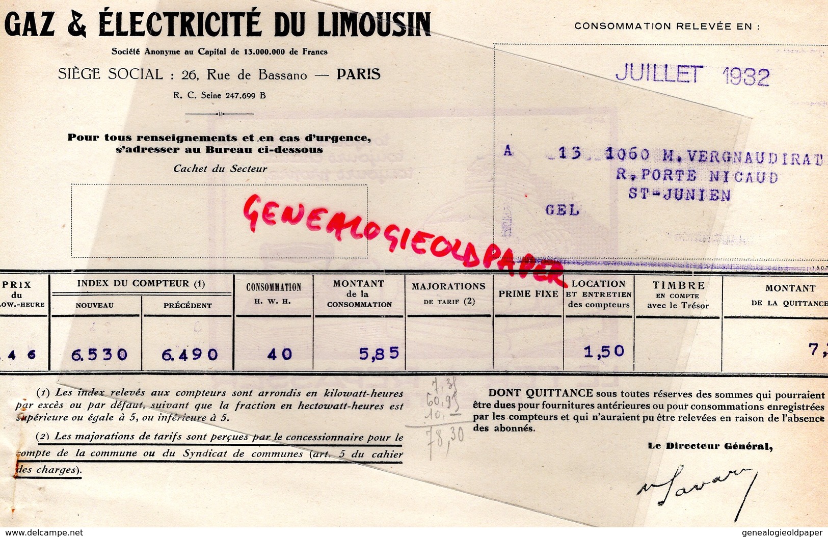 87- ST SAINT JUNIEN-FACTURE GAZ ELECTRICITE -GANTERIE A VERGNIAUD RATINAUD JUILLET 1932- LE FER A REPASSER ELECTRIQUE - Elektrizität & Gas