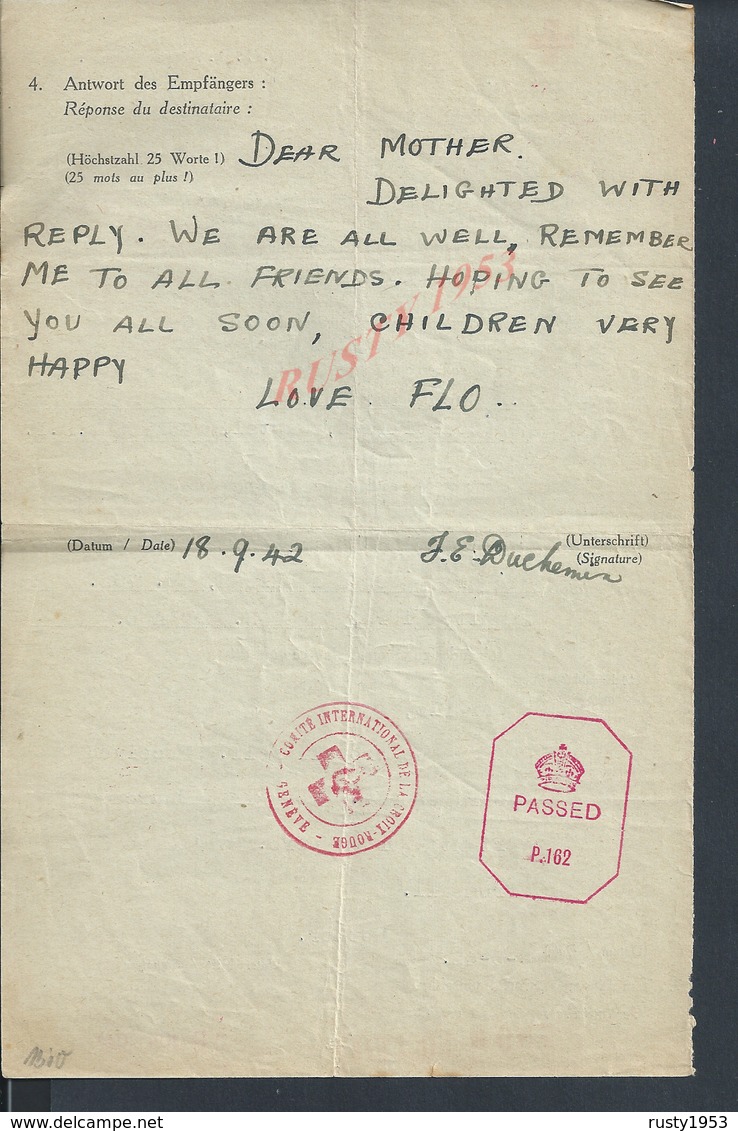 MILITARIA GUERNSEY MESSAGE CROIX ROUGE RED CROSS LETTRE COVER 1942 TO ENGLAND DIVERS TAMPON COURTILLETS CASTEL - 1939-45