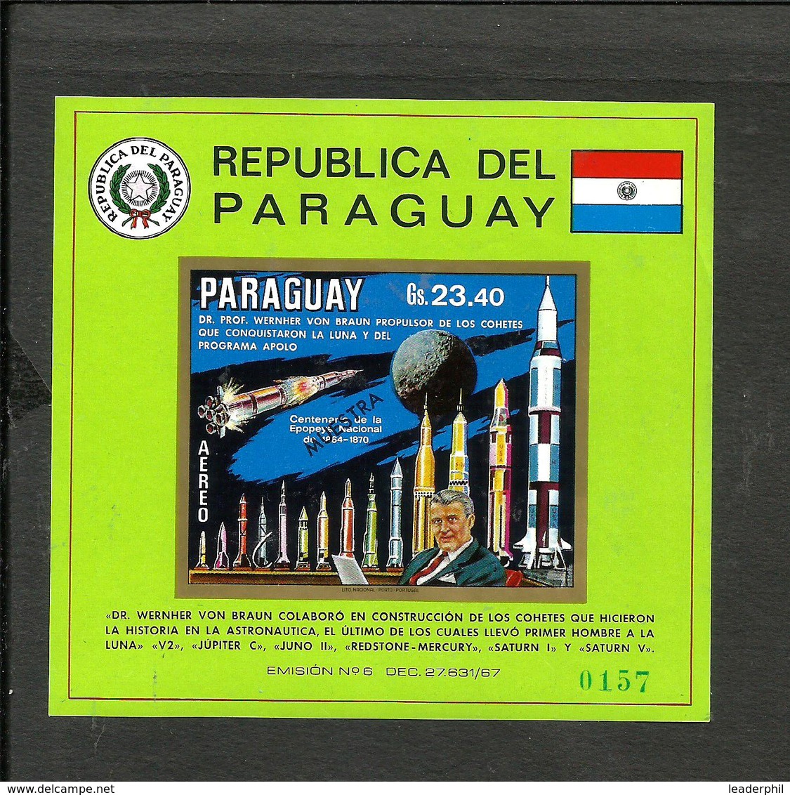 PARAGUAY SPACE KOSMOS MICHEL BL. 145 SPECIMEN MNH - Paraguay