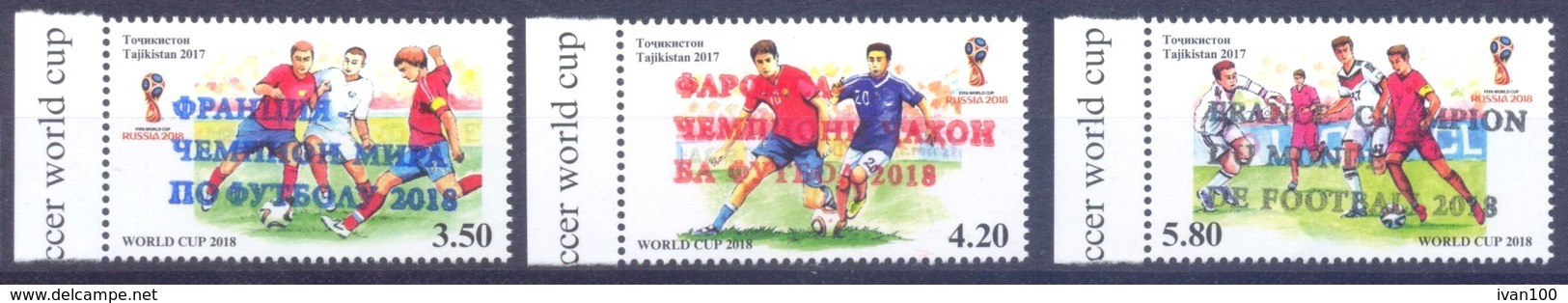 2019. Tajikistan, France - World Football Champions'2018, 3v Perforated With Overprints, Mint/** - Tadjikistan