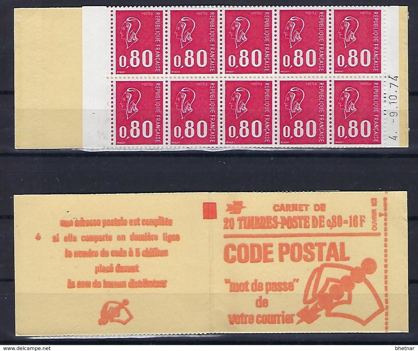 FR Carnet YT 1816-C5 " 20 BEQUET 80c. Rouge GT SS " 1974 Ouvert - Sonstige & Ohne Zuordnung