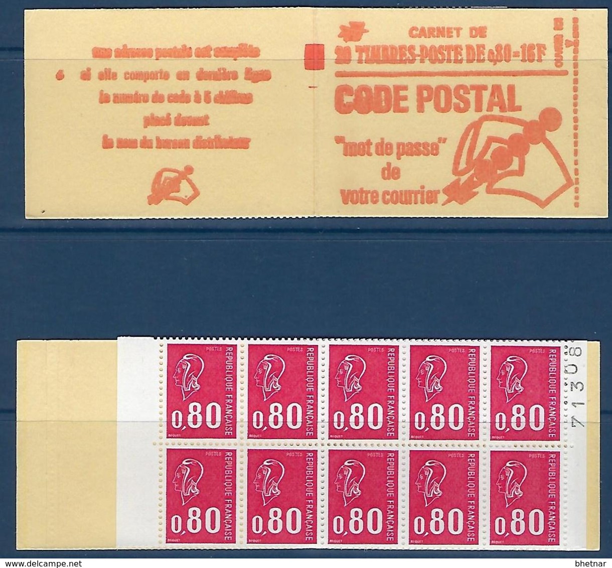 FR Carnet YT 1816-C5 " 20 BEQUET 80c. Rouge GT SS " 1974 Ouvert - Autres & Non Classés