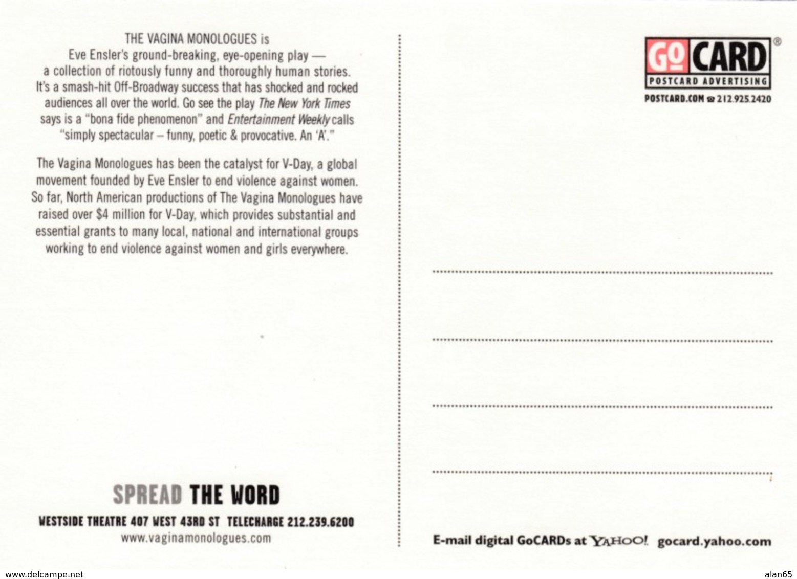 'The Vagina Monologues' Play By Eve Ensler, Westside Theatre New York City, C1990s Vintage GoCard Postcard - Theatre