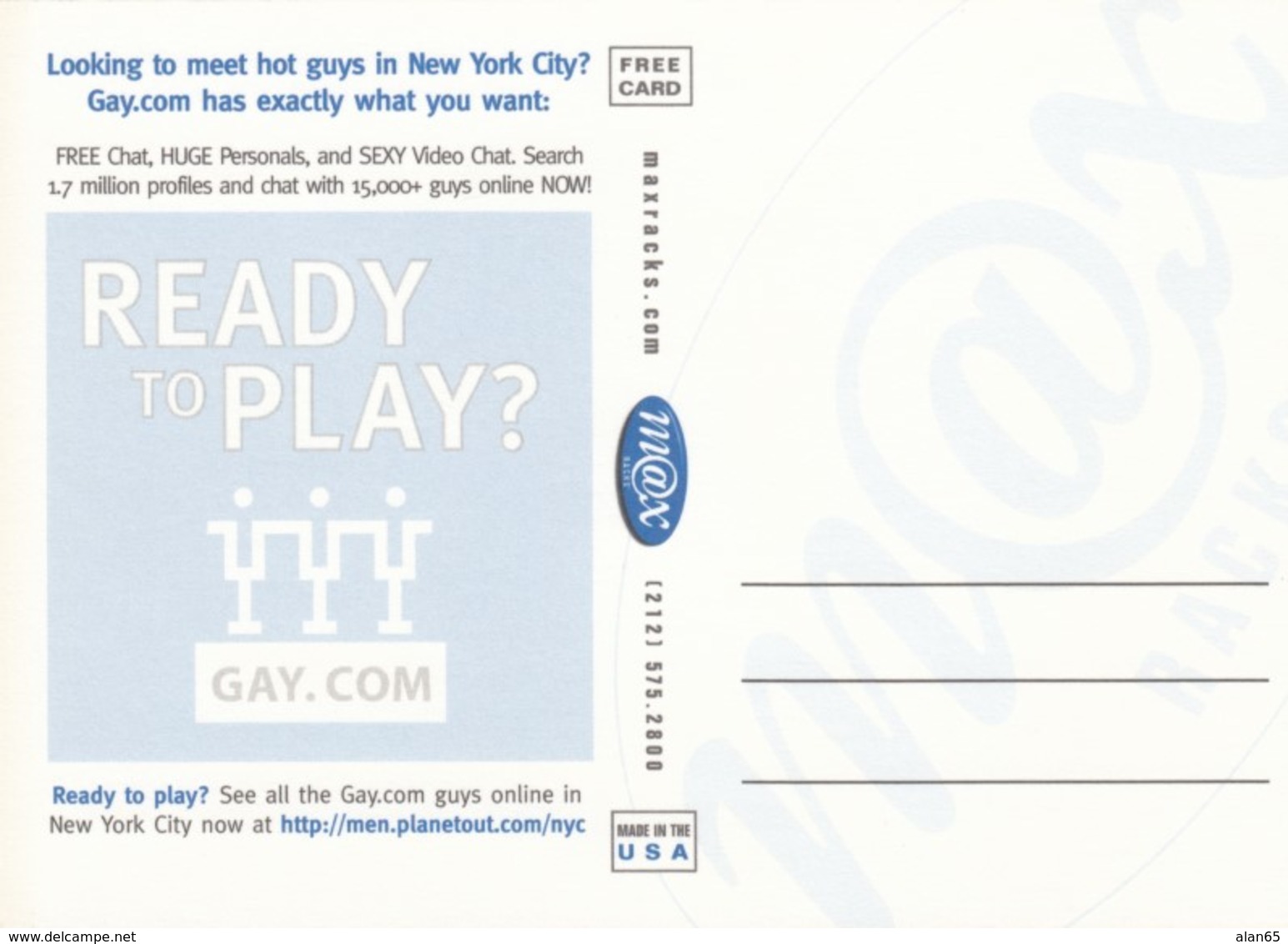 Gay.com Website Gay Personals Advertisement, C2000s Vintage Max Rack Postcard - Advertising