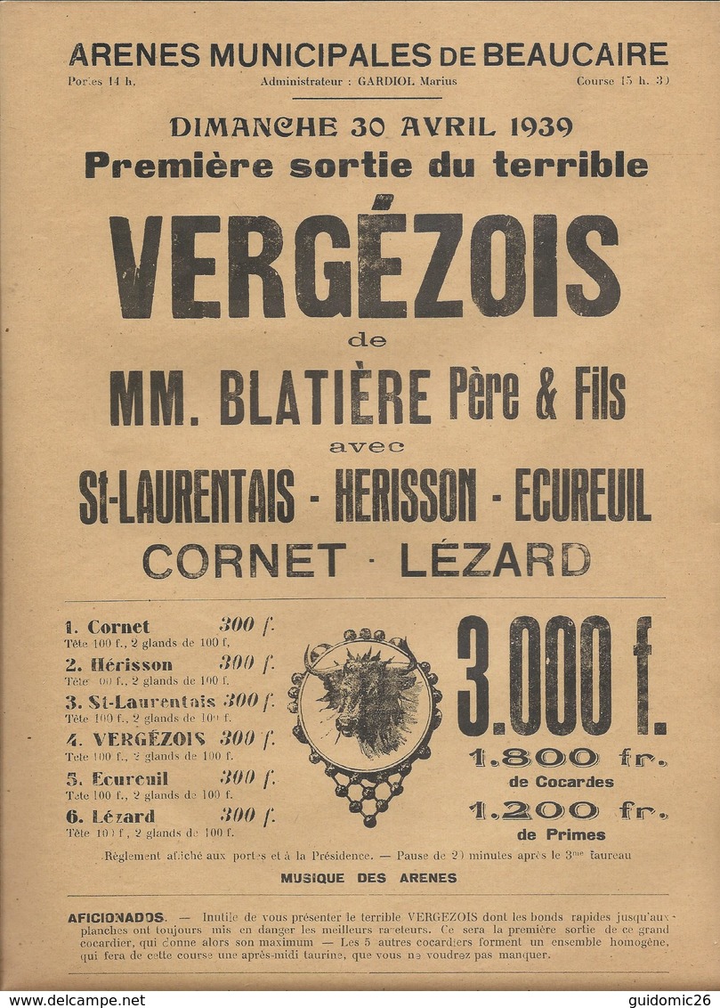 Affiche 22 X 31 Cm Course Camarguaise Arenes De Beaucaire,tauraux Cocardiers De La Manade Blatiere ,vergezois,cocardes - Posters