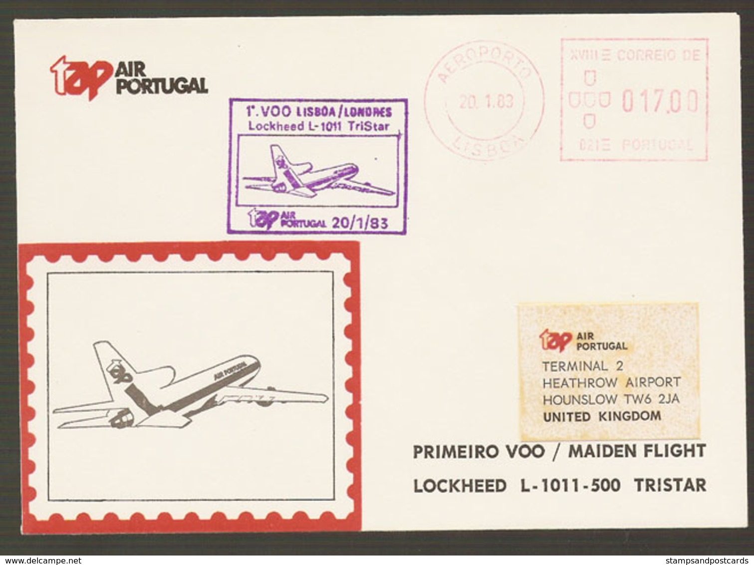 Portugal Premier Vol TAP Lockheed TriStar Lisbonne Londres Royaume Uni 1983 First Flight Lisbon Londres United Kingdom - Lettres & Documents