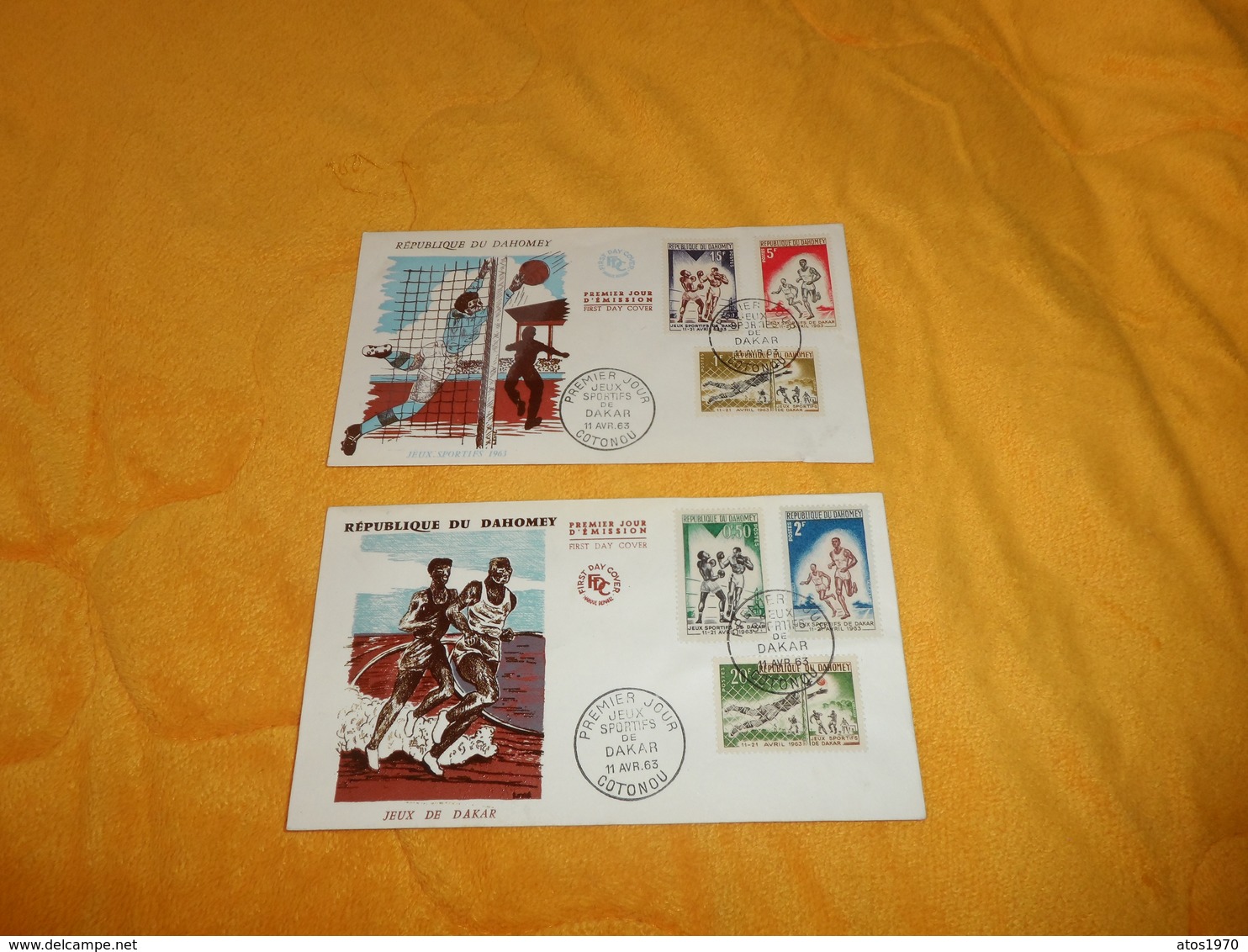 LOT DE 2 ENVELOPPES FDC REPUBLIQUE DU DAHOMEY..DE 1963 .CACHETS PREMIER JOUR JEUX SPORTIFS DE DAKAR COTONOU + TIMBRES - Benin – Dahomey (1960-...)