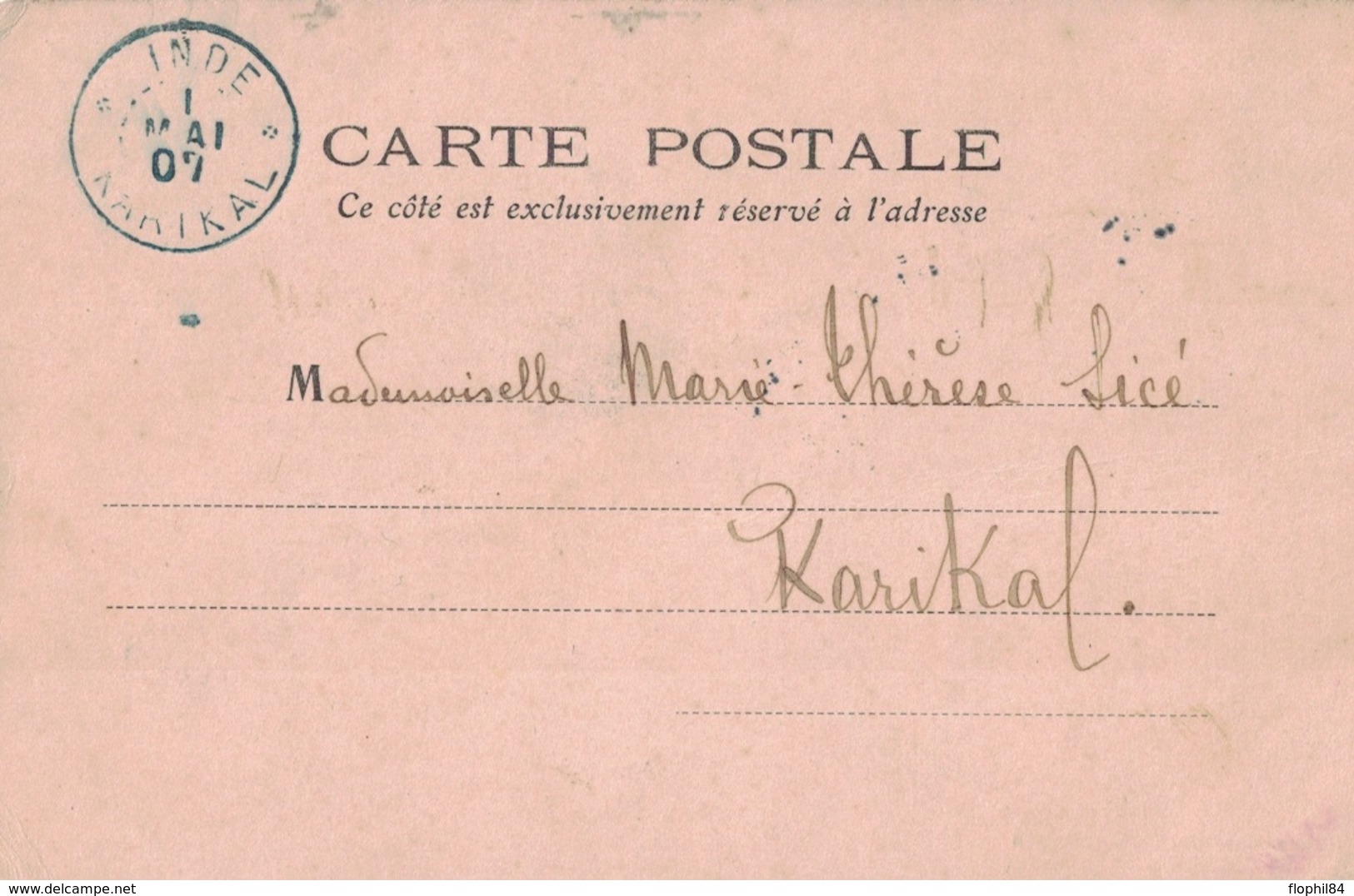 INNDOCHINE - CARTE POSTALE DE MYTHO - POUR KARIKAL INDE FRANCAISE - CACHET BLEU EN ARRIVEE - LE 1-5-1907 - Viêt-Nam