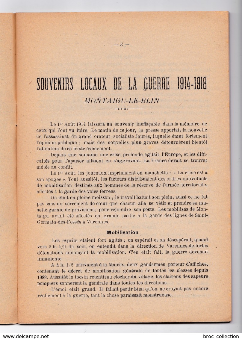 Montaigu-le-Blin, Souvenirs Locaux De La Guerre 1914-1918, Jules Morel, 1926 - Bourbonnais