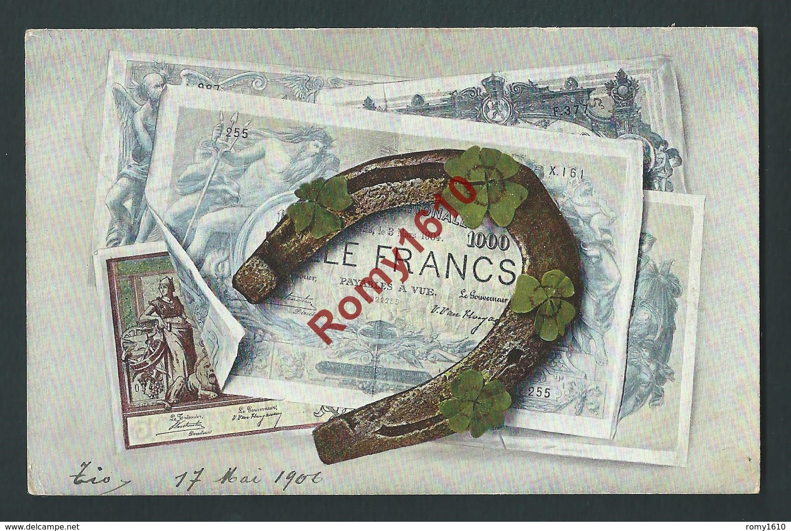 Litho Billet De Banque Porte Bonheur. 1000 Francs. Fer à Cheval, Trèfles. Circulé En 1900. Série 965.  2 Scans. - Munten (afbeeldingen)