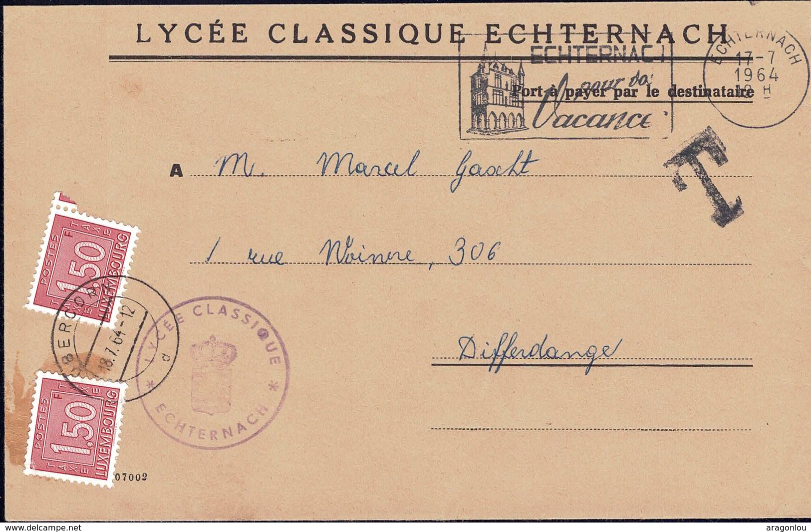 Lettre Taxe 1946, Lycée Classique Echternach, Cachet Obercorn, Michel: 2x31 - Lettres & Documents