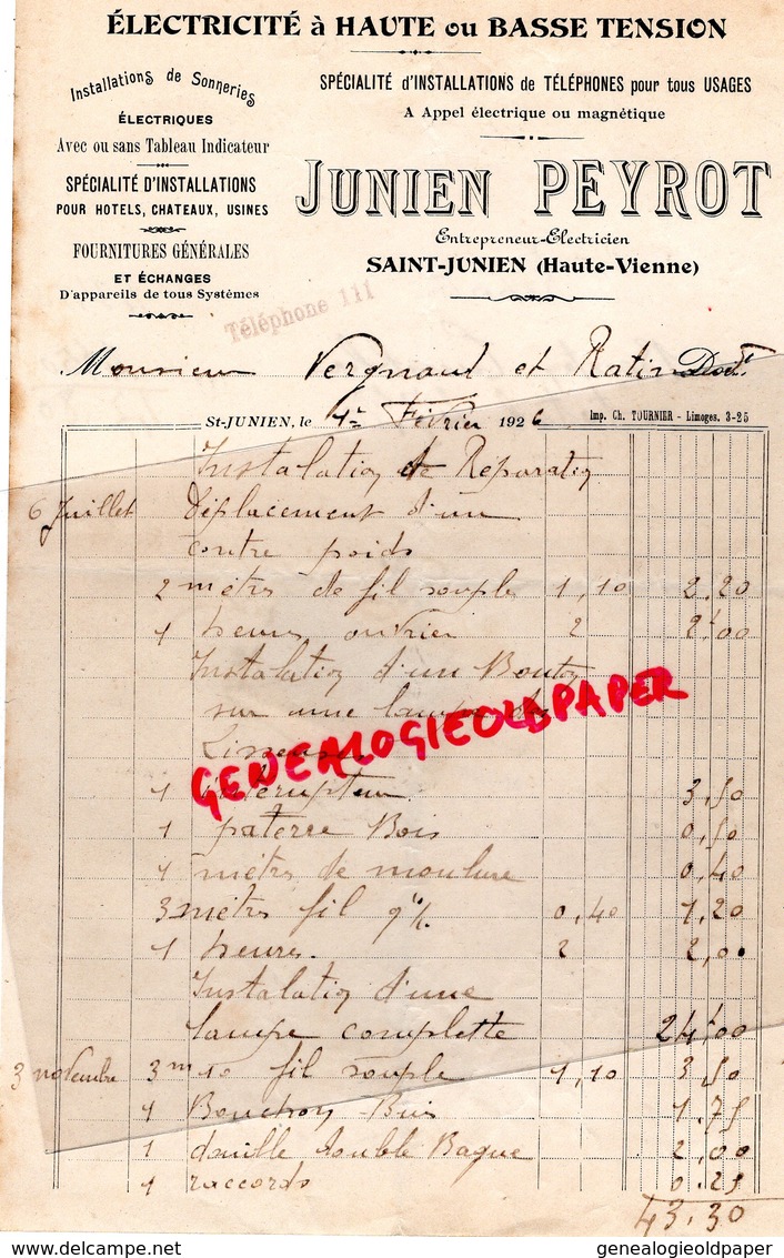 87-ST  SAINT JUNIEN- FACTURE JUNIEN PEYROT-ELECTRICITE TELEPHONE ELECTRICIEN- GANTERIE A VERGNIAUD RATINAUD SAINT JUNIEN - Electricité & Gaz