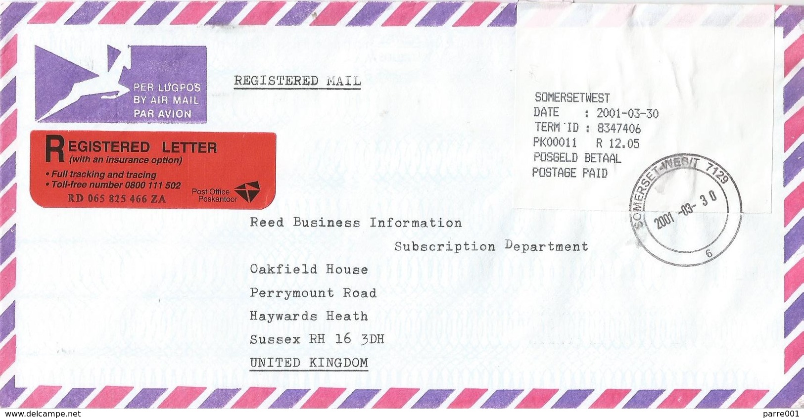 South Africa RSA 2001 Somerset West Counter 6 Meter PO3.1 Olivetti ATM EMA FRAMA Registered Cover - Automatenmarken (Frama)