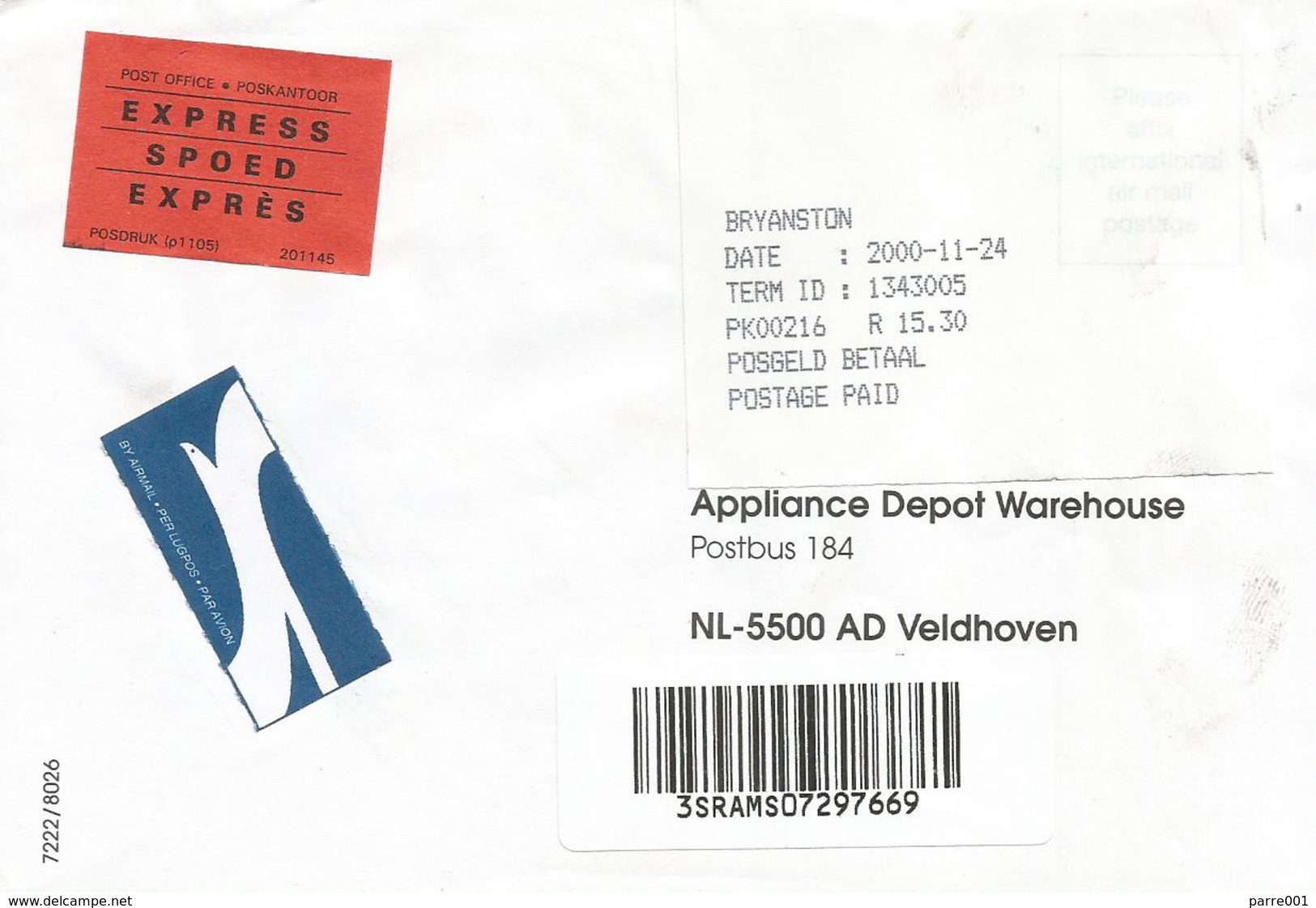 South Africa RSA 2000 Bryanston Meter PO3.1 Olivetti ATM EMA FRAMA Express Cover - Automatenmarken (Frama)