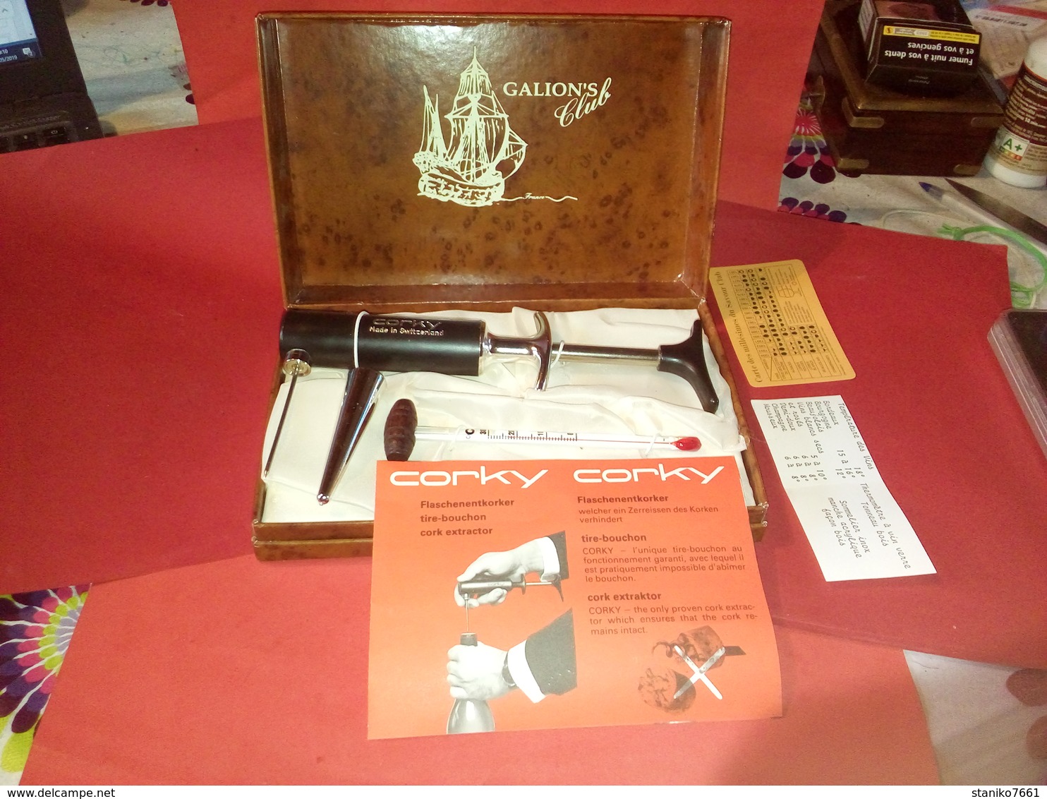 TIRE BOUCHON CORKY Made In Switzerland Avec Thermomètre & SA BOITE D'ORIGINE GALION'S CLUB FRANCE Avec Garantie D'époque - Tire-Bouchons/Décapsuleurs