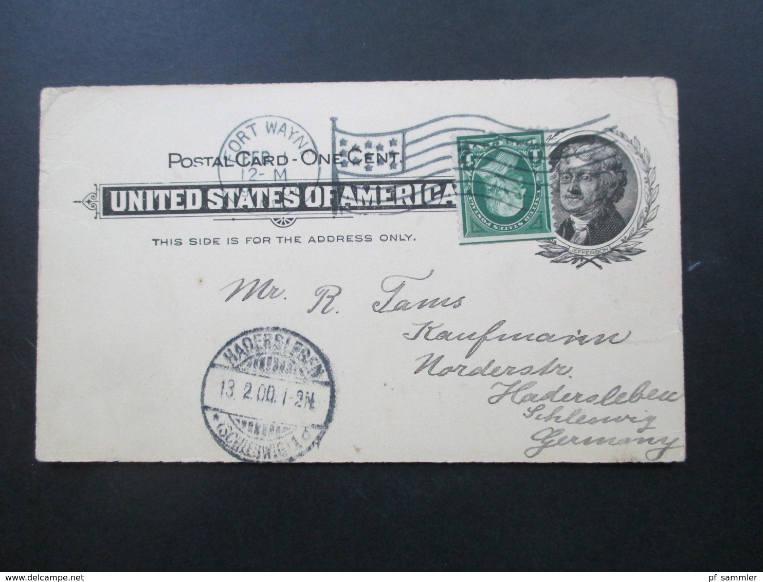 USA 1899 / 1900 3 GA mit Zusatzfrankaturen nach Hadersleben Schleswig mit Ak Stempel! 1x Fahnenspempel Fort Wayne