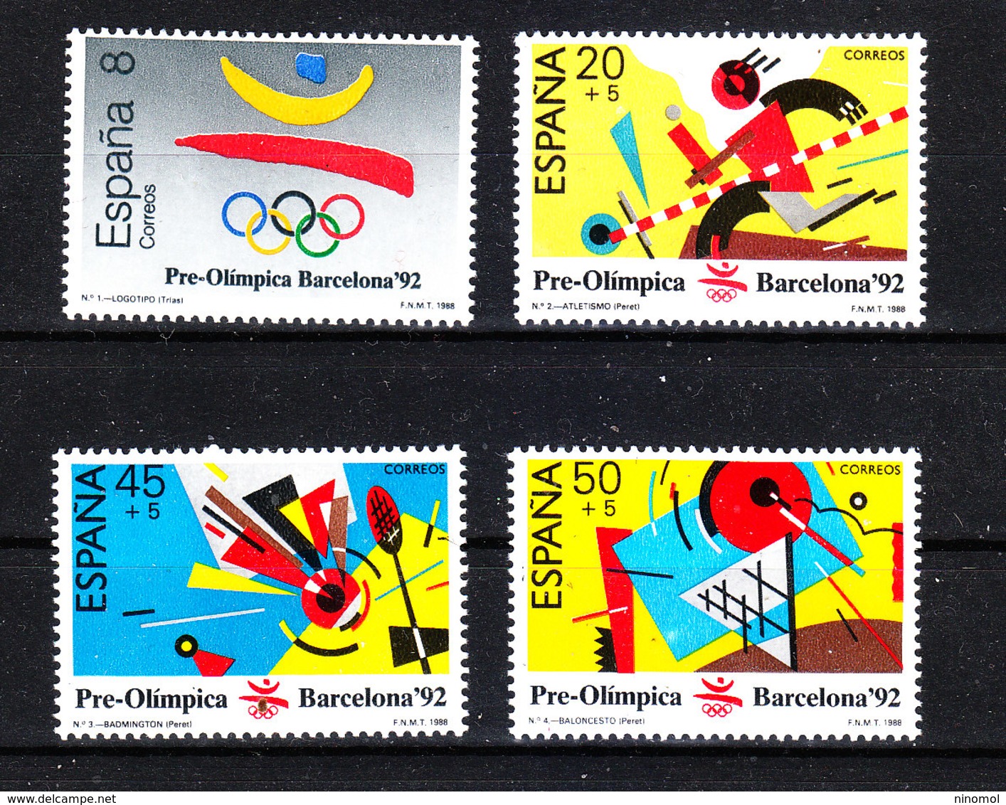 Spagna - 1988. Pre-Olimpiadi Barcellona. Logo,Atletica, Badminton. Logo, Race, Badmington, Basket. MNH - Estate 1992: Barcellona