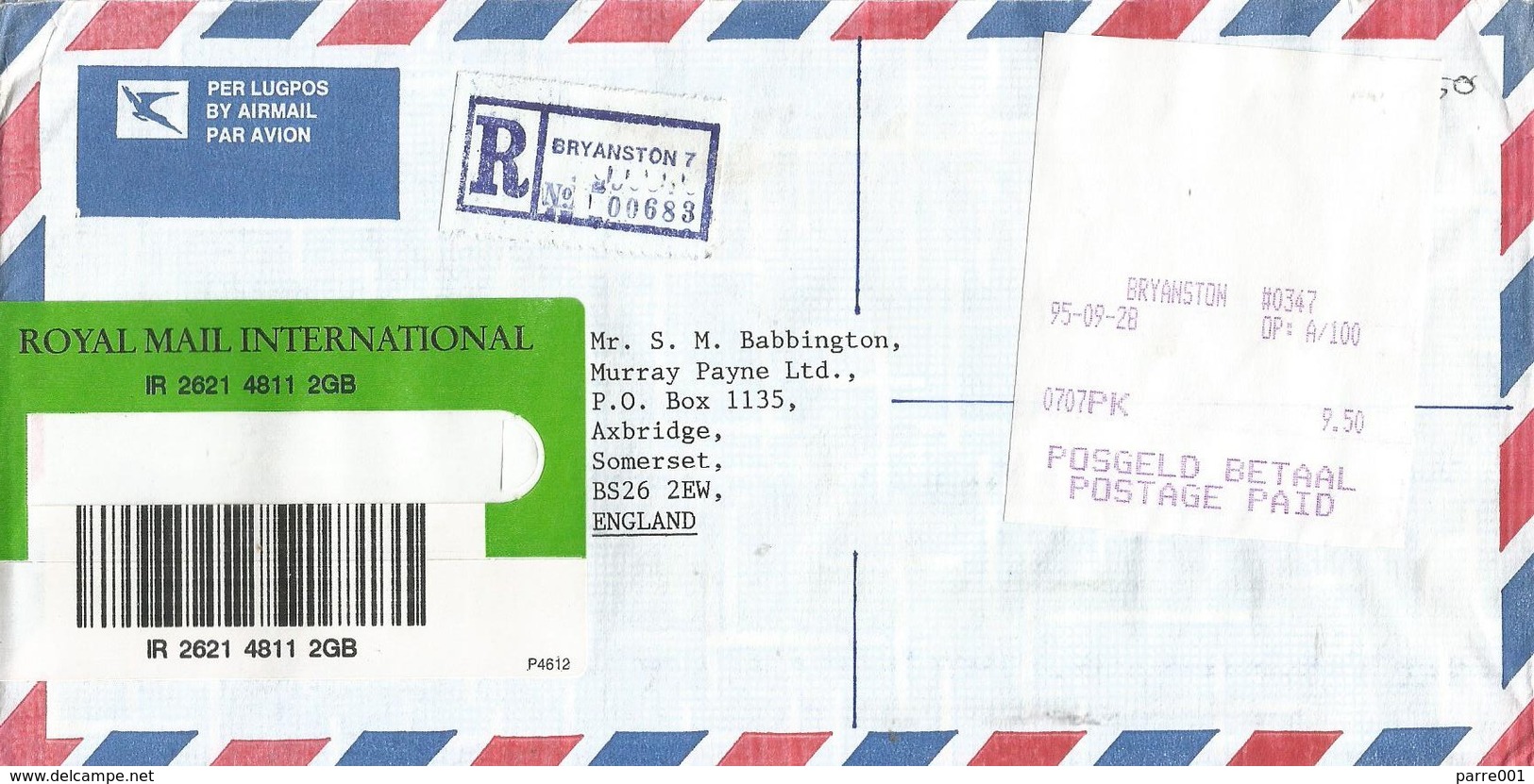 South Africa RSA 1995 Bryanston Meter Anker Data ATM EMA FRAMA Registered Cover - Viñetas De Franqueo (Frama)