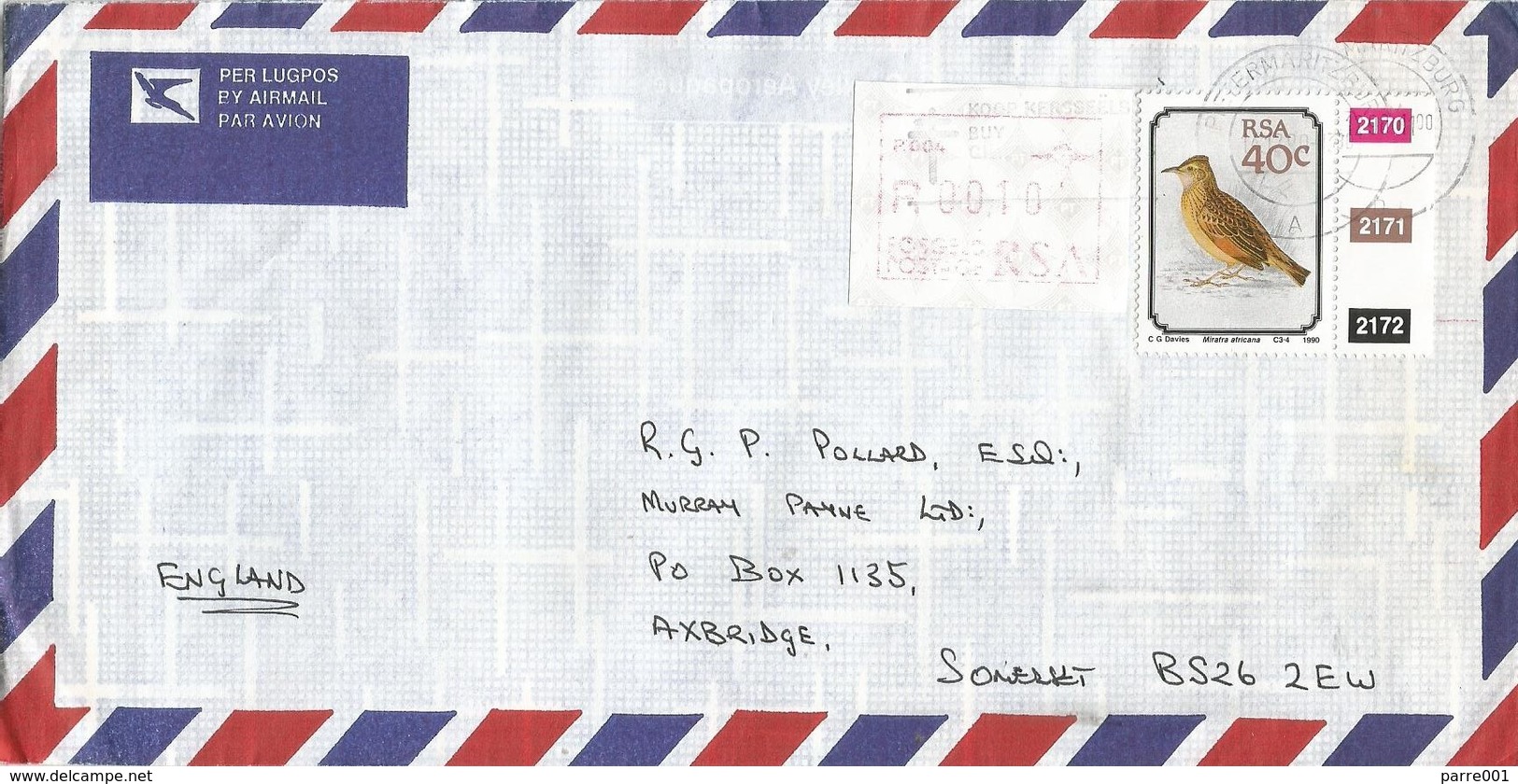 South Africa RSA 1990 Pietermaritzburg Rufous-naped Lark Mirafra Africana Meter Anker ATM EMA FRAMA Cover - Brieven En Documenten