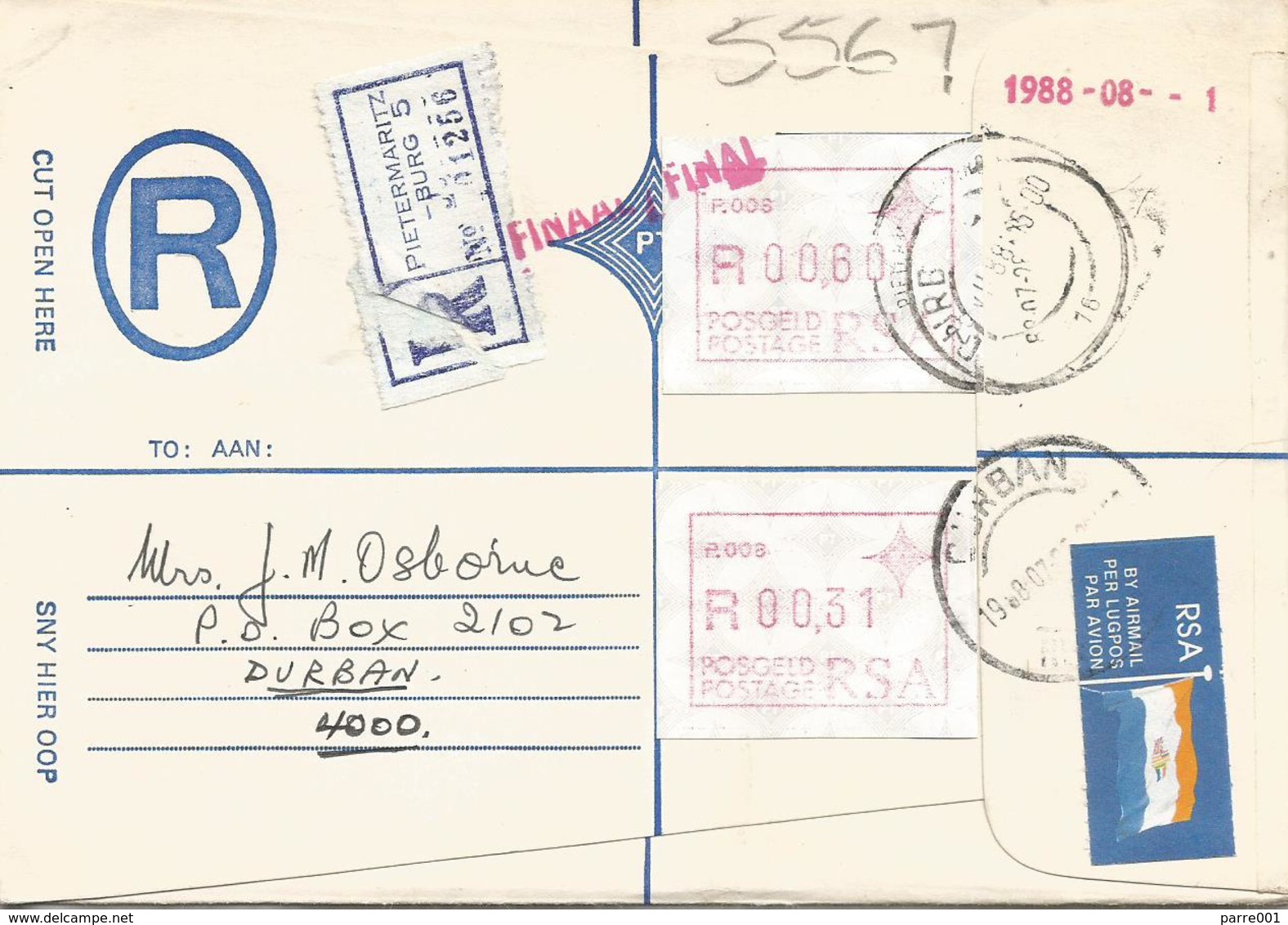 South Africa RSA 1988 Pietermaritzburg Meter P008 ATM EMA FRAMA Registered Cover - Frankeervignetten (Frama)