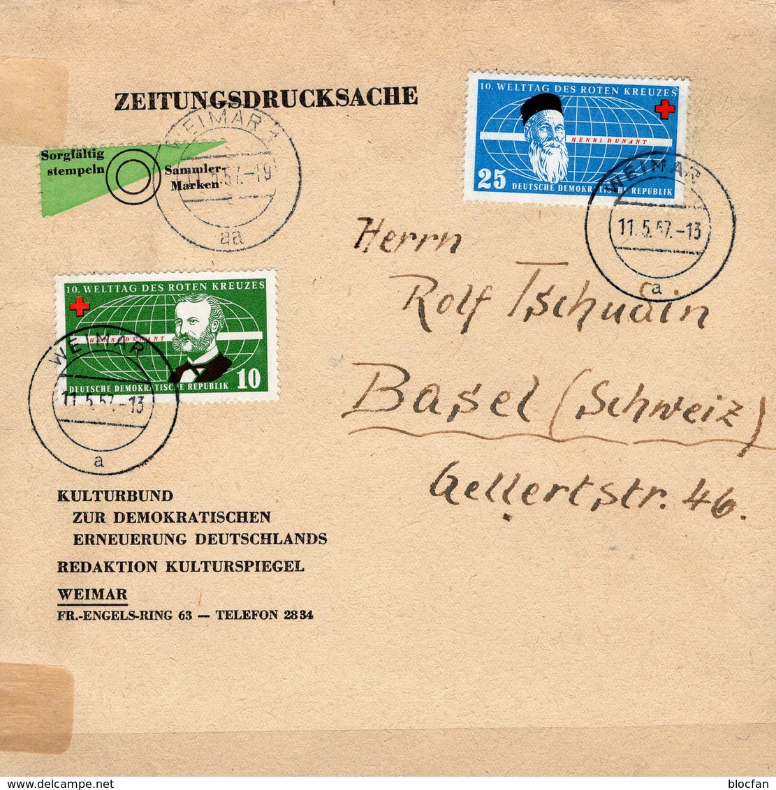 Abart Dunant Hut Defekt DDR 572/573 PF I O 150€ Portogerechter Brief Mit Rotes Kreuz 1957 Error On Cover Of Germany - Variétés Et Curiosités