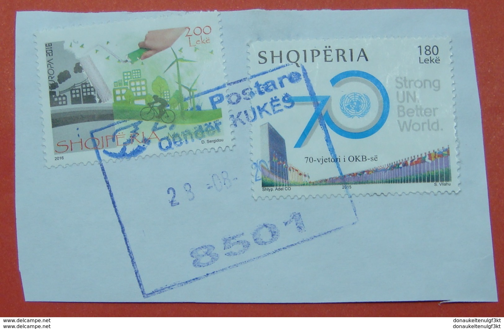 28 - 8 - 2017 ALBANIAN STAMPS, THINK GREAN, 70 YEARS ALBANIA IN UN Postmark KUKES ON PIECE OF ENVELOPE. - Albania