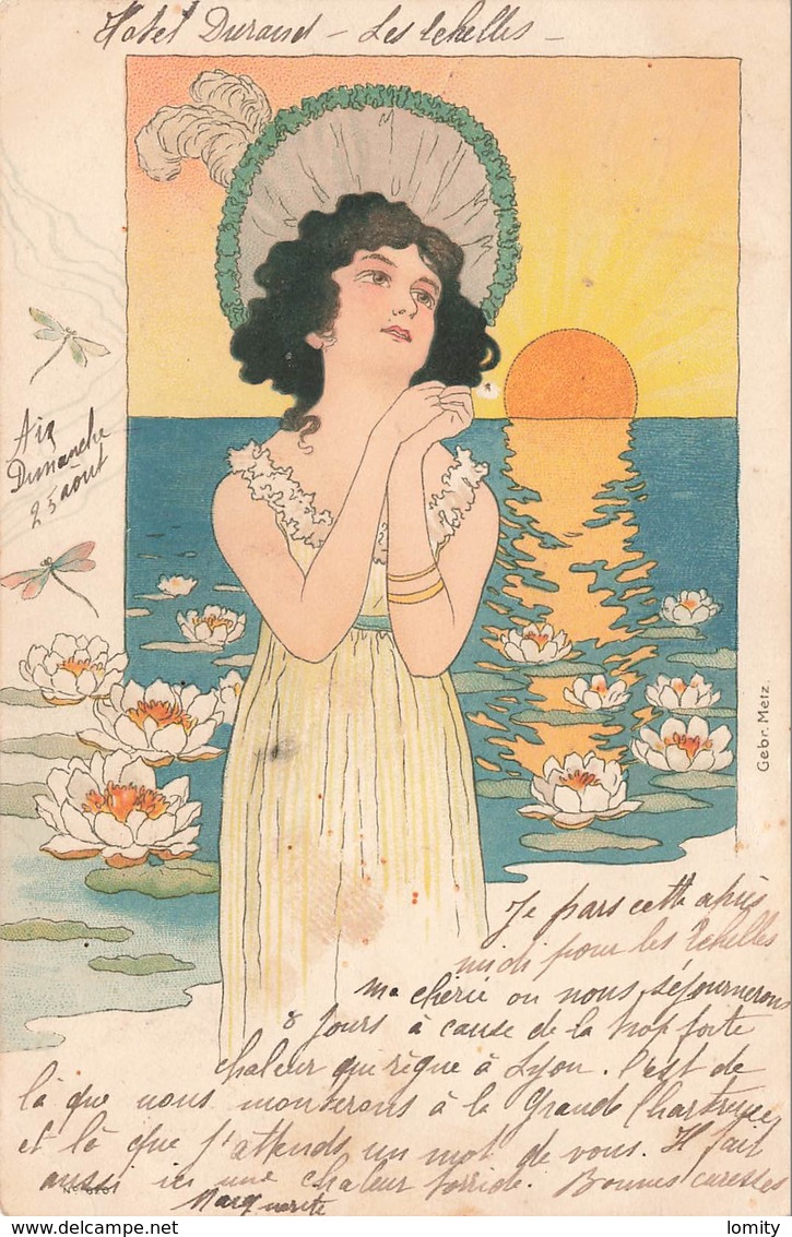 Illustration Illustrateur Art Nouveau Femme Coucher De Soleil Nenuphar Cpa Cachet 1901 - Avant 1900