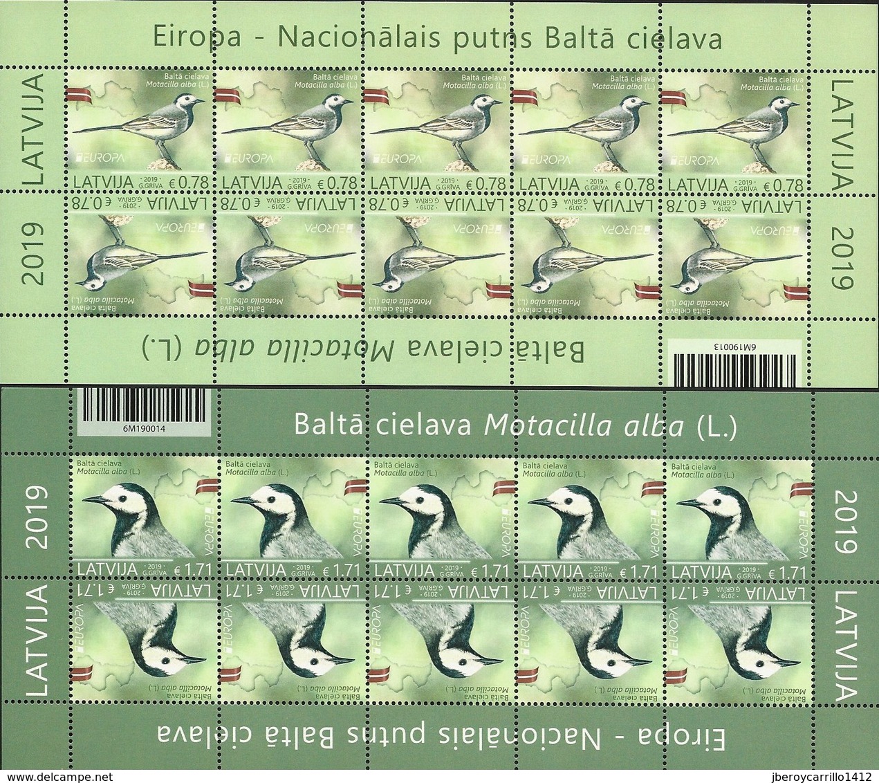 LETONIA /LATVIA /LETTLAND /LETTONIE - EUROPA 2019 -NATIONAL BIRDS.-"AVES - BIRDS - VÖGEL -OISEAUX"- 2 HOJAS BLOQUE De 10 - 2019