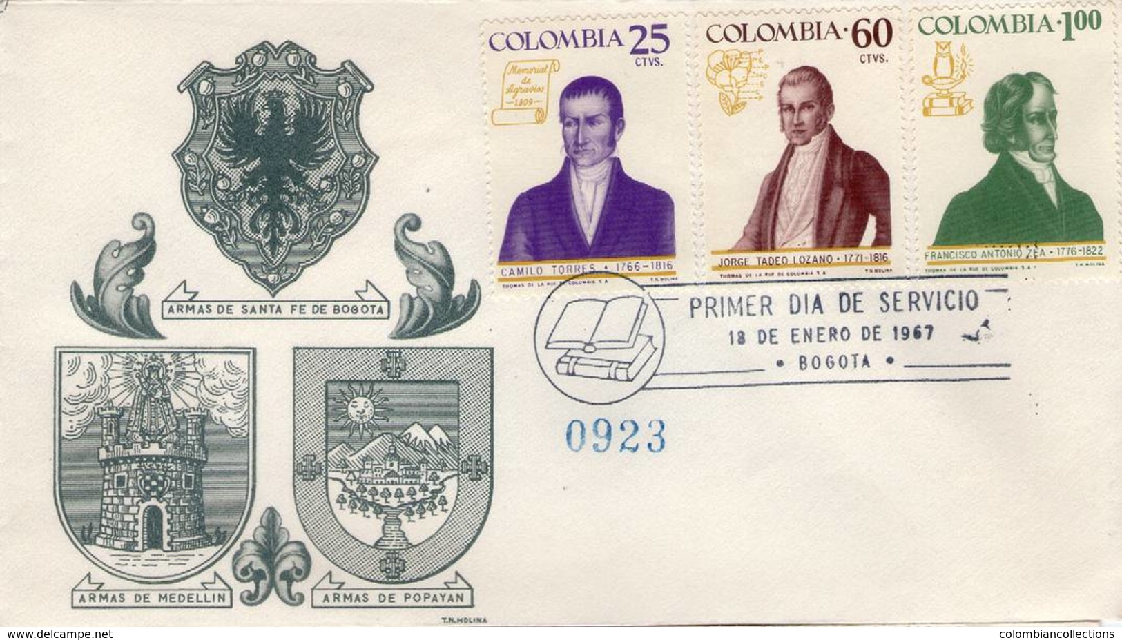 Lote 1130-1-3-F, Colombia, 1967, SPD-FDC, Personajes Colombianos, Camilo, Zea,  Personalities, Coat Of Arms, Military - Colombia