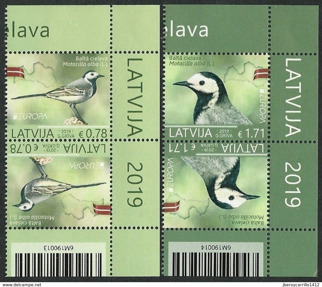 LETONIA /LATVIA /LETTLAND /LETTONIE -EUROPA 2019 -NATIONAL BIRDS.-"AVES - BIRDS -VÖGEL -OISEAUX"- PAR INVERTIDO BAR CODE - 2019