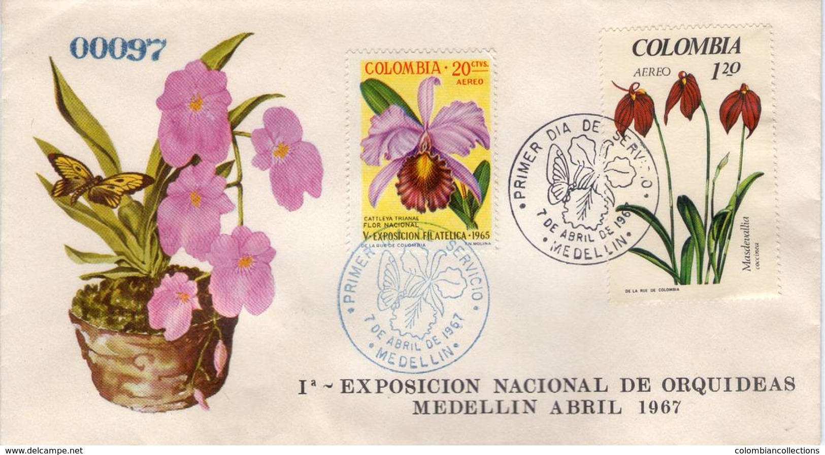 Lote 1103-40F, Colombia, 1967, SPD-FDC, 1a Exposicion Nacional De Orquideas, Orchid, Butterfly - Colombia