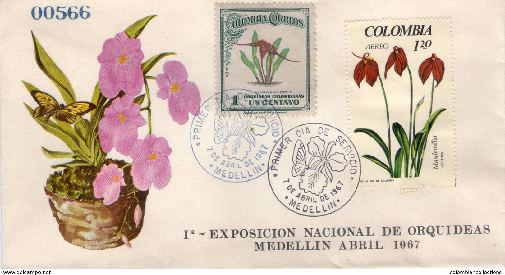 Lote 595-1140F, Colombia, 1967, SPD-FDC, 1a Exposicion Nacional De Orquideas, Orchid, Butterfly - Colombia