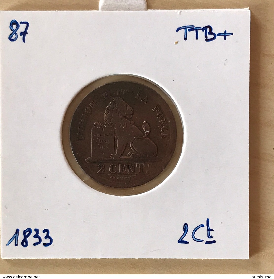 N°87: BELGIQUE 2 Centimes 1833 Léopold I  *TTB+* - 2 Cent