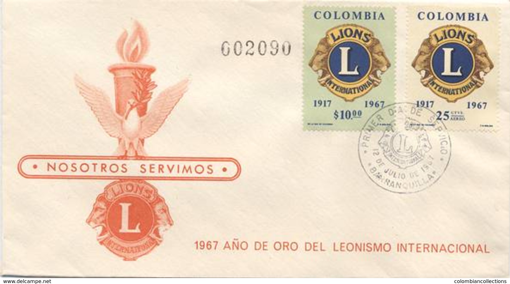 Lote 1144-3F, Colombia, 1967, SPD-FDC, 50 Años Del Club De Leones, Lions Club - Colombia