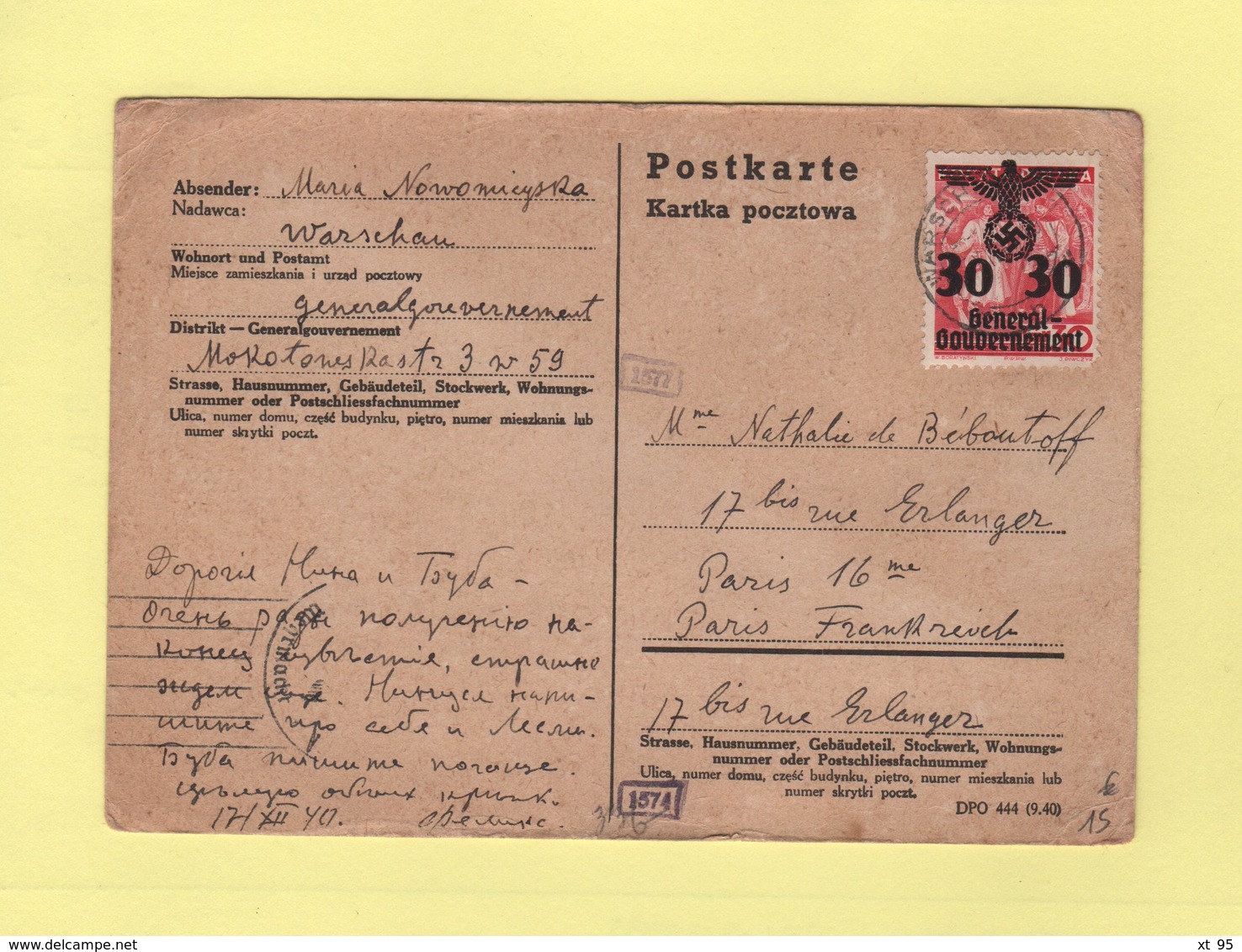 Warschau - General Gouvernement - 17-12-1940 - Carte Postale Destination France - Censure - Guerre De 1939-45