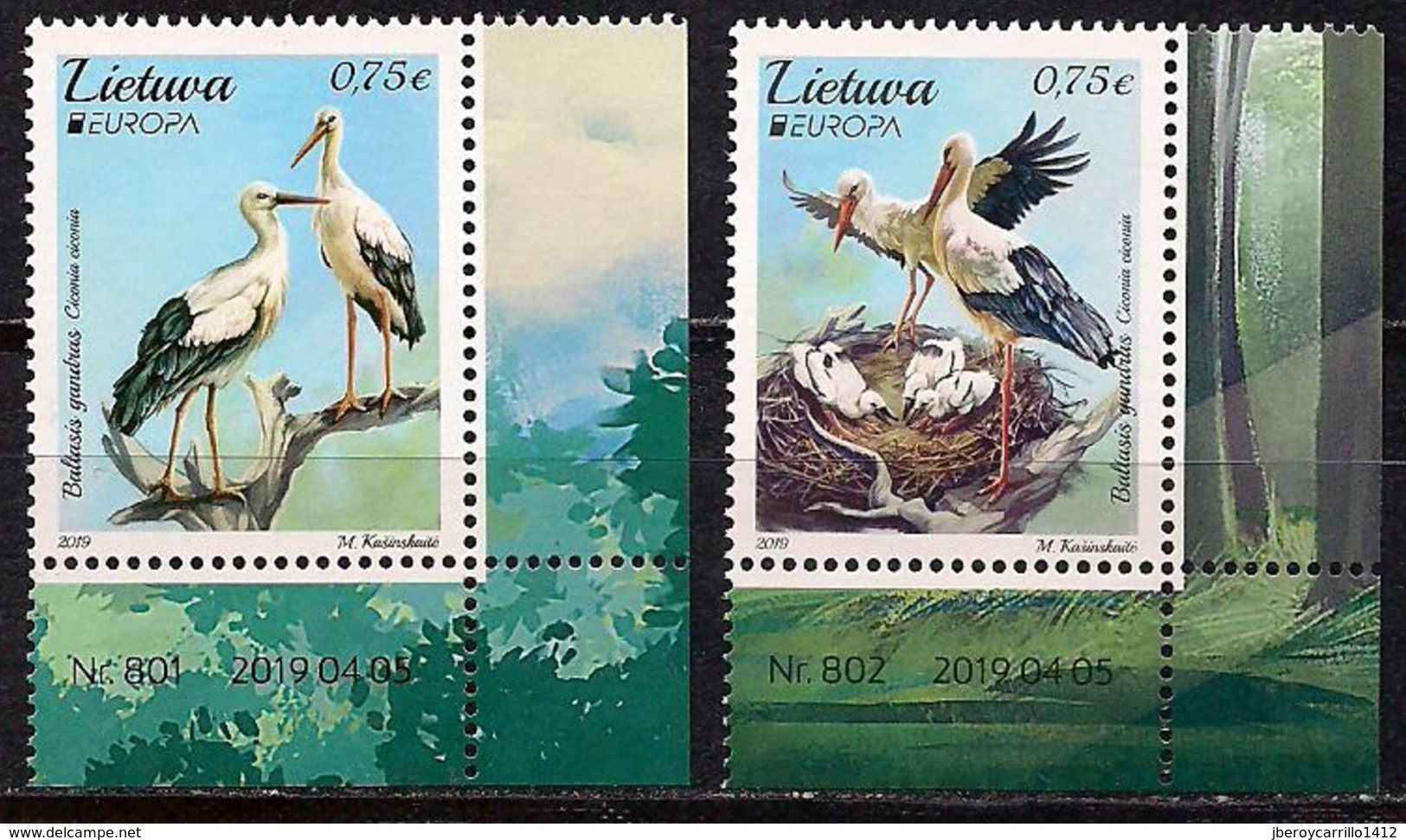 LITUANIA/ LITHUANIA/ LITAUEN/ LITUANE/ EUROPA 2019 -NATIONAL BIRDS.-"AVES - BIRDS - VÖGEL -OISEAUX"- SERIE 2 V.+ FECHA E - 2019