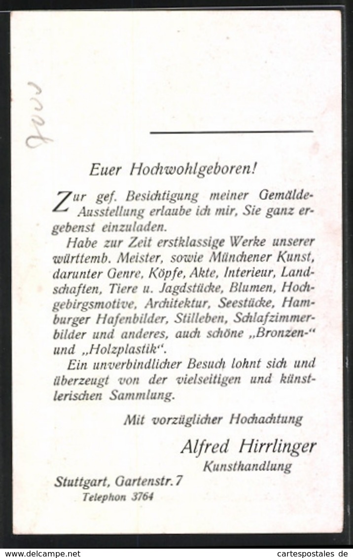 Vertreterkarte Stuttgart, Kunsthandlung Alfred Hirrlinger, Gartenstrasse 7, Cardinäle - Ohne Zuordnung