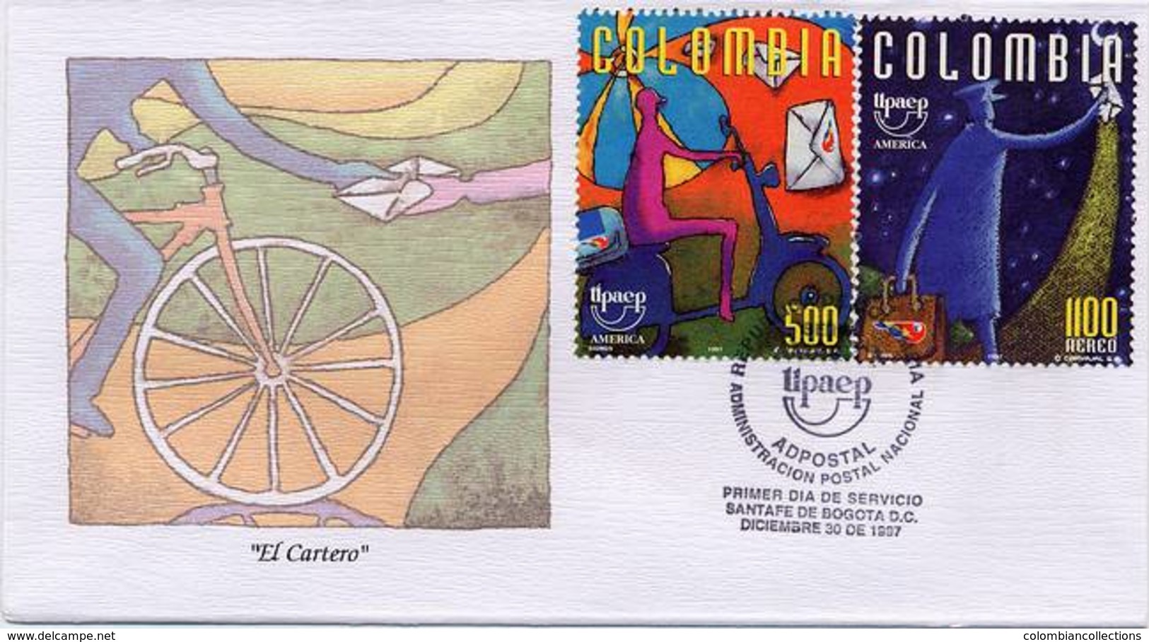 Lote 2089-9F, Colombia, 1997, SPD - FDC, America Upaep, El Cartero, Postman, Bicycle, Motorcycle - Colombia