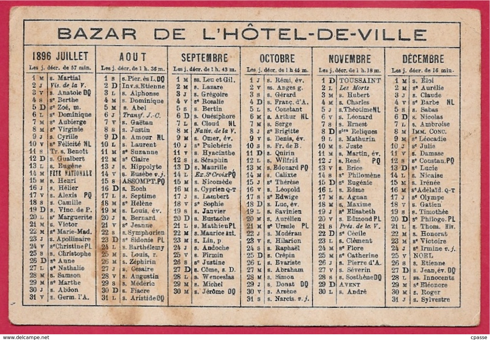 En L'état Petit Calendrier Publicitaire 1896 "BAZAR De L' HÔTEL-de-VILLE" Litho Minot * Pierrot Gendarme - Kleinformat : ...-1900