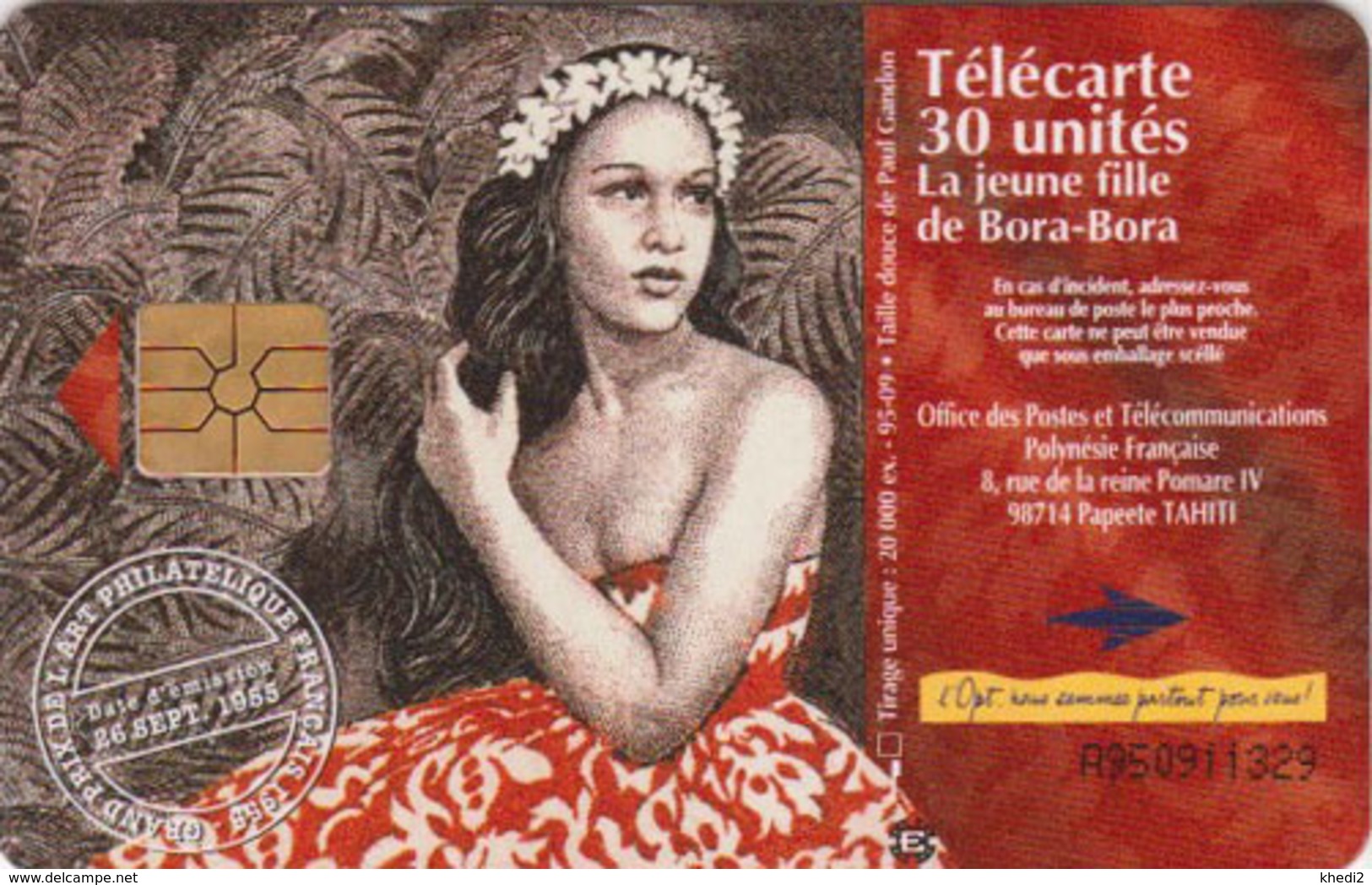 Télécarte POLYNESIE PF - Femme VAHINE De Bora Bora Sur TIMBRE TBE - GIRL On STAMP FRENCH POLYNESIA - French Polynesia