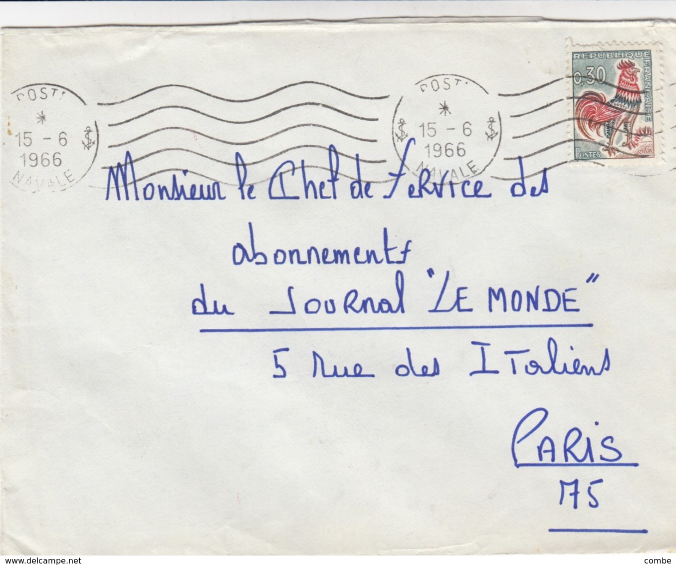 LETTRE . POSTE NAVALE DEUX ANCRES 1966 .  POUR PARIS - Poste Navale