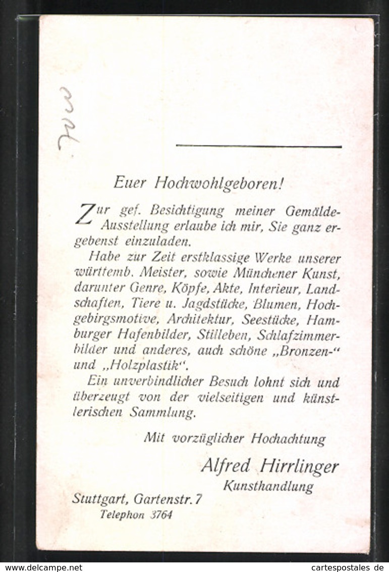 Vertreterkarte Stuttgart, Kunsthandlung Alfred Hirrlinger, Gartenstrasse 7, Alter Nackter Mann - Ohne Zuordnung